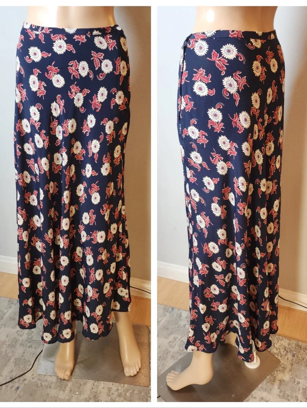 Karen Kane Maxi Skirt Blue Red White Floral Rayon Made In USA Size 6 XS/S